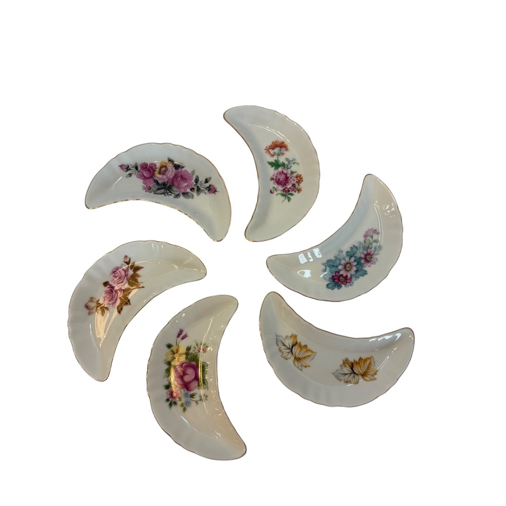 Vintage Floral Bone China Crescent Bone Dishes Gold Trim 6 Mixed Florals